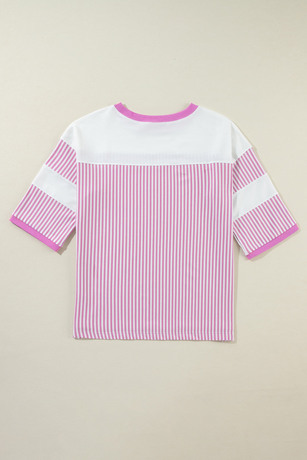 Pink Striped Patchwork 3/4 Sleeve Oversize Top