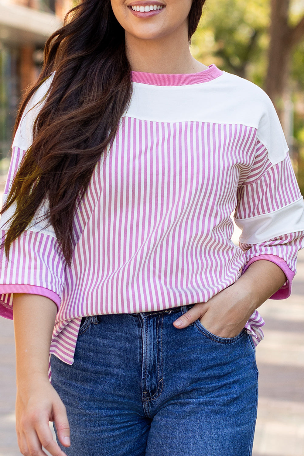 Pink Striped Patchwork 3/4 Sleeve Oversize Top