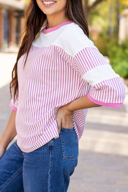 Pink Striped Patchwork 3/4 Sleeve Oversize Top