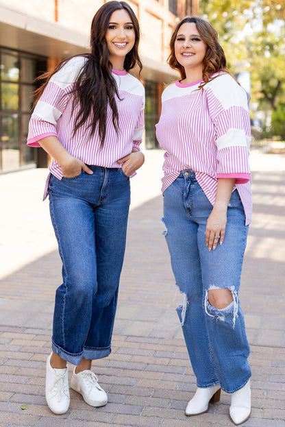 Pink Striped Patchwork 3/4 Sleeve Oversize Top