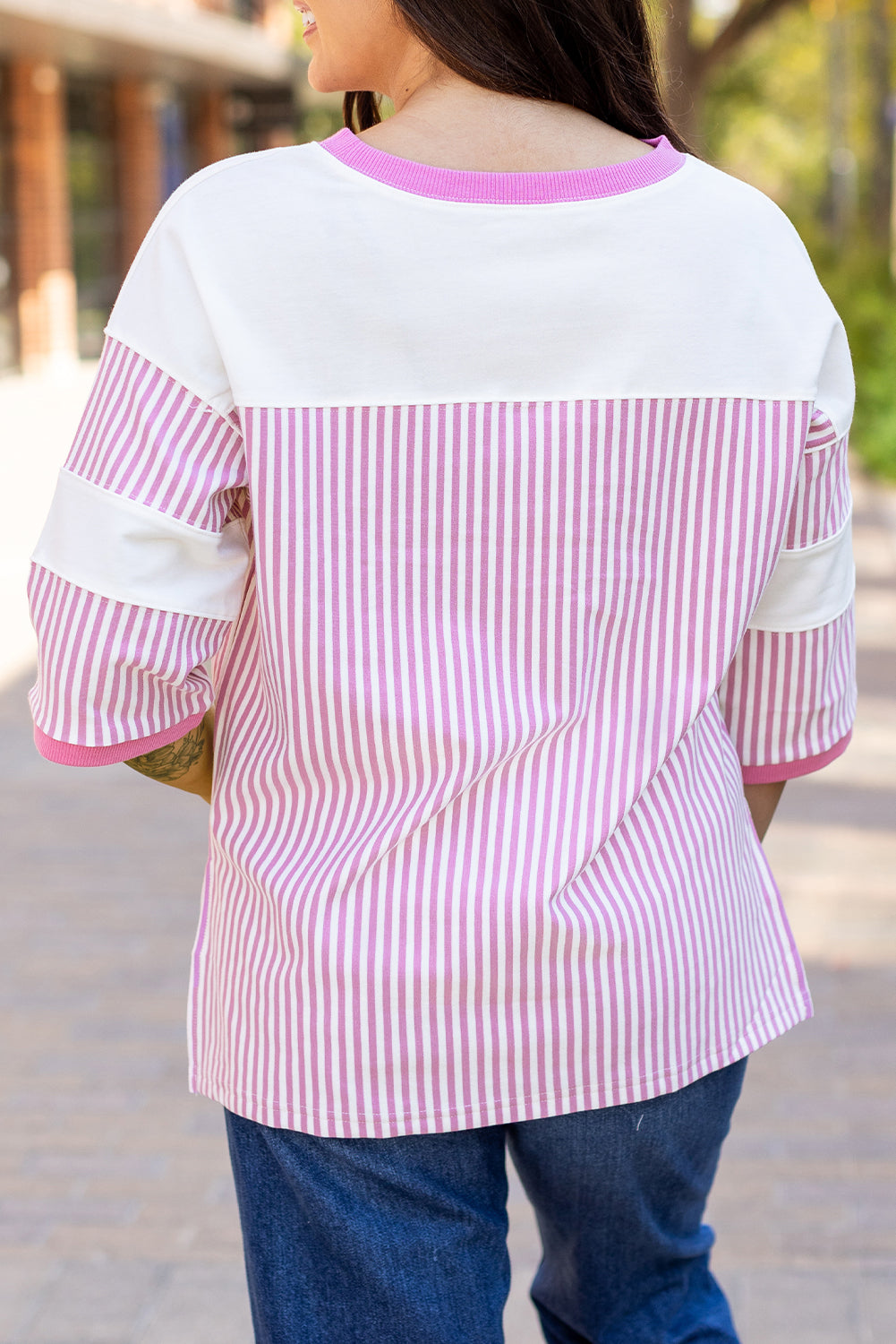 Pink Striped Patchwork 3/4 Sleeve Oversize Top