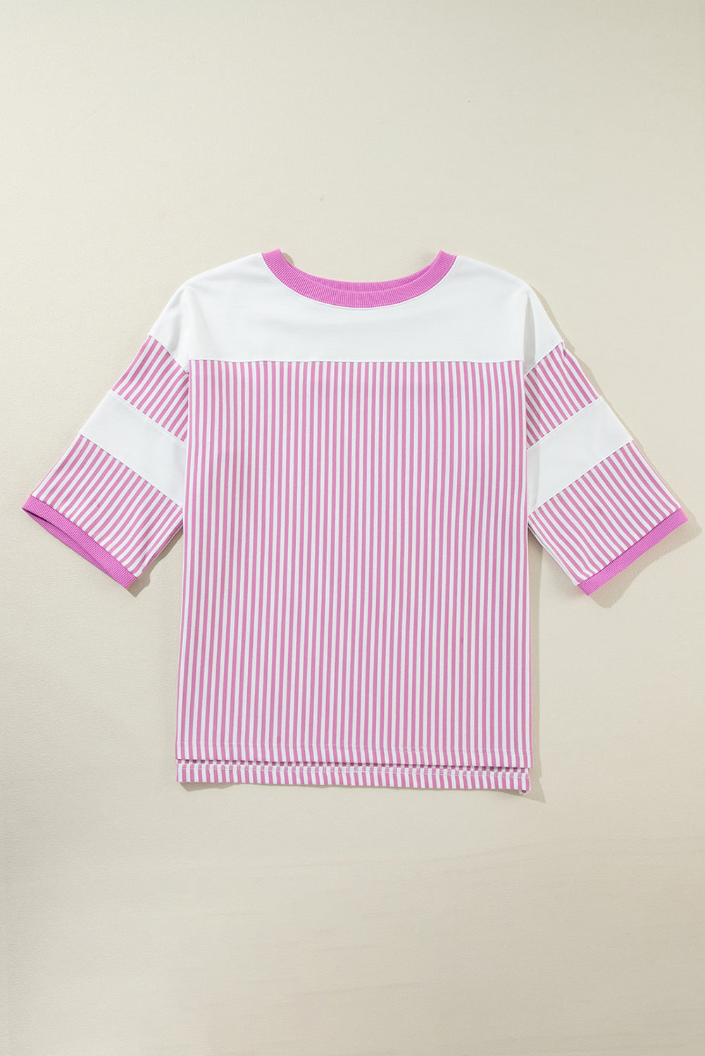 Pink Striped Patchwork 3/4 Sleeve Oversize Top