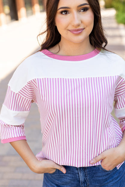 Pink Striped Patchwork 3/4 Sleeve Oversize Top